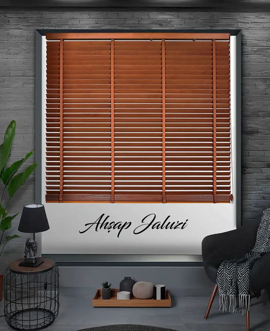 Wooden blinds displayed in a room setting with decor elements.