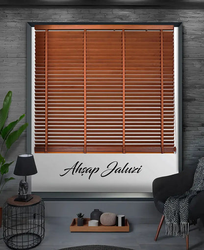 Wooden blinds displayed in a room setting with decor elements.