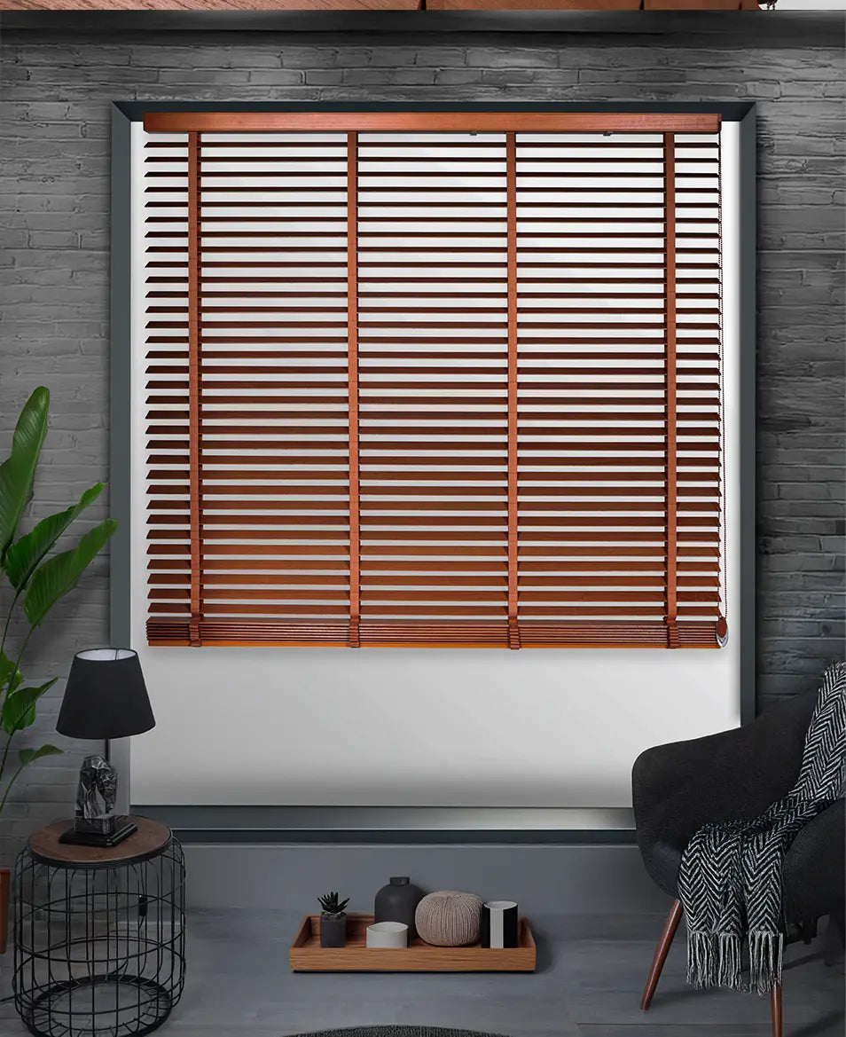 Wooden blinds on a white panel with a modern interior setting
