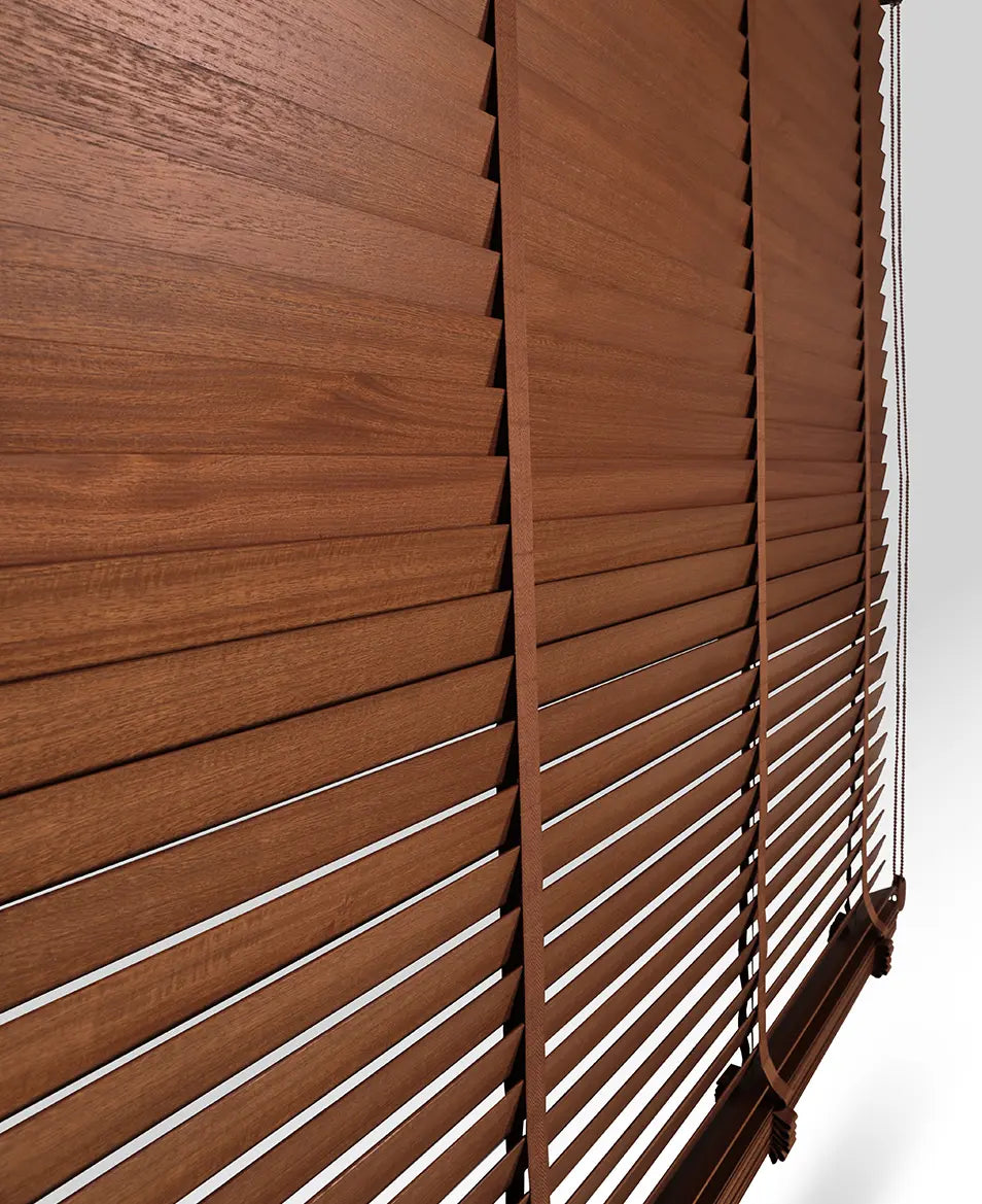Wooden blinds with a wooden slat design on a white background