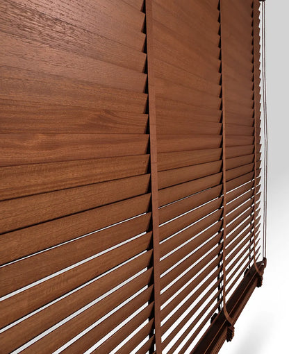 Wooden blinds with a wooden slat design on a white background